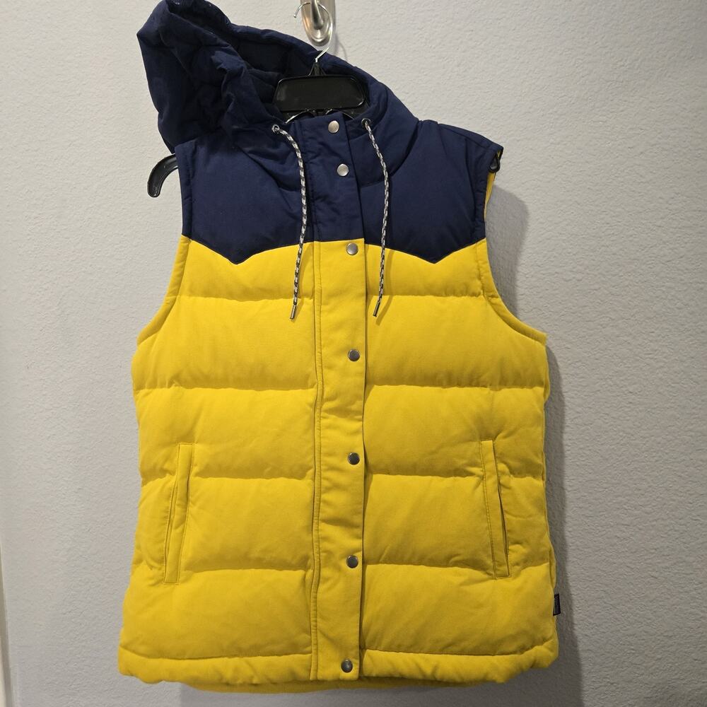 Patagonia Vest Womens L Yellow Blue Bivy Hooded 600 Fill